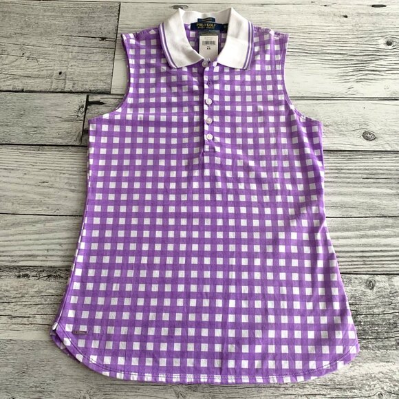Polo Golf Ralph Lauren Tailored Fit Shirt Purple Gingham Quarter Button Tank Top - Picture 1 of 11